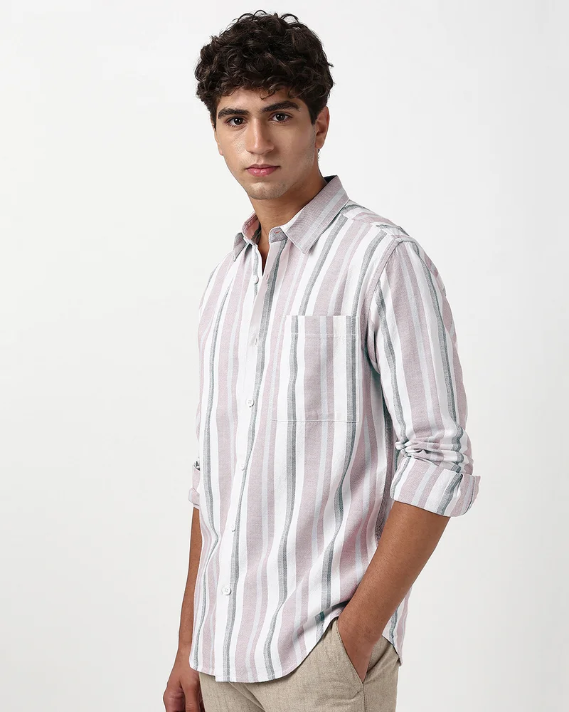 بيواكوف Men's White & Dusty Pink Striped Shirt